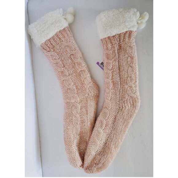 NWT Home Collection Pink Sequin Cable Knit Slipper Socks w Plush Sherpa Lining - Picture 3 of 7